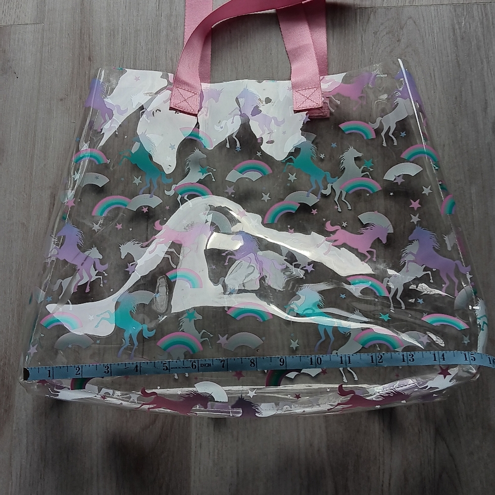 Unicorn Clear Plastic Tote Bag Pink Shoulder Straps Aqua White Purple Rainbows - Picture 5 of 10